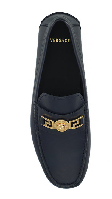 Mocasines elegantes de piel de becerro azul marino de Versace