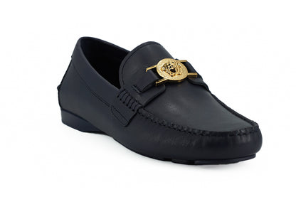 Mocasines elegantes de piel de becerro azul marino de Versace