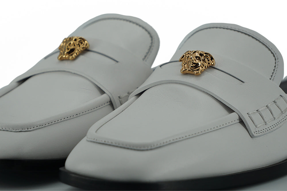 Versace Elegant Vit Läder Flat Slides