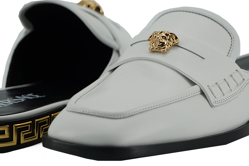 Versace Elegant Vit Läder Flat Slides