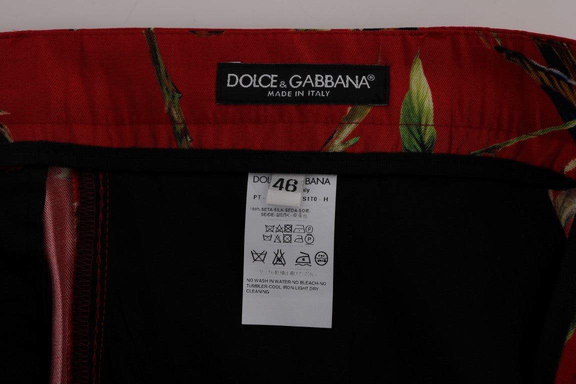 Dolce &amp; Gabbana eleganta klänningsbyxor i siden i rött fågeltryck