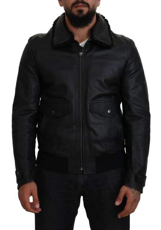 Chaqueta elegante de cuero negro con forro de seda de Dolce &amp; Gabbana