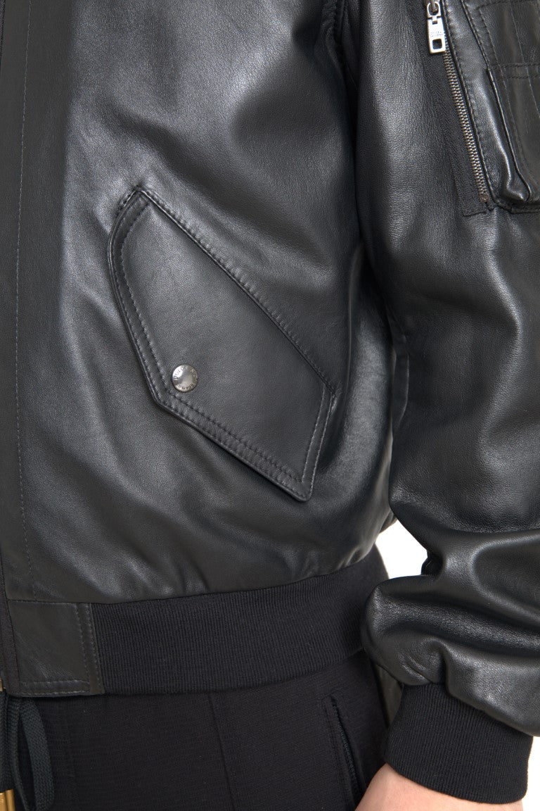 Dolce & Gabbana Elegant Black Leather Bomber Jacket