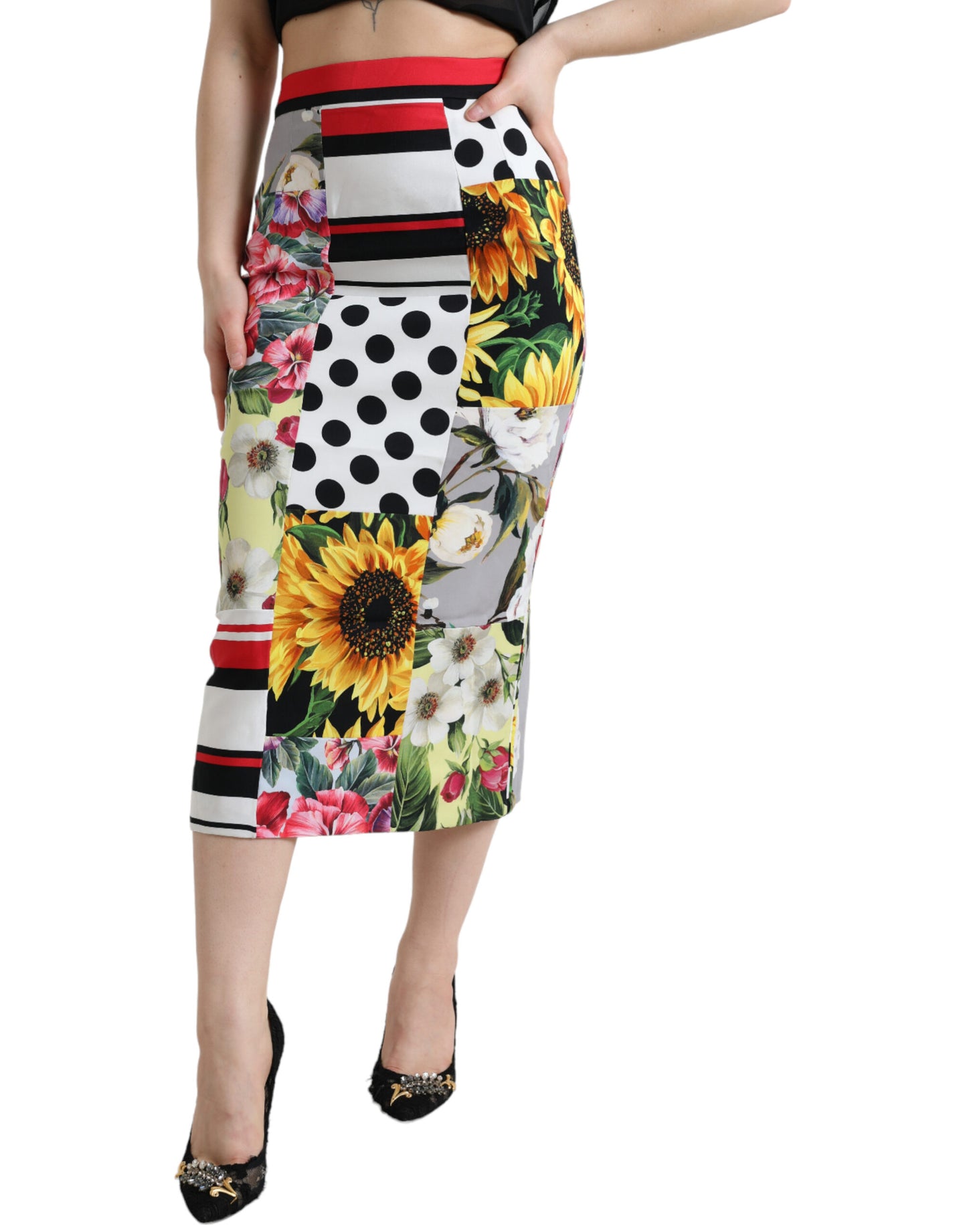 Falda midi de patchwork con cintura alta y glamurosa de Dolce &amp; Gabbana