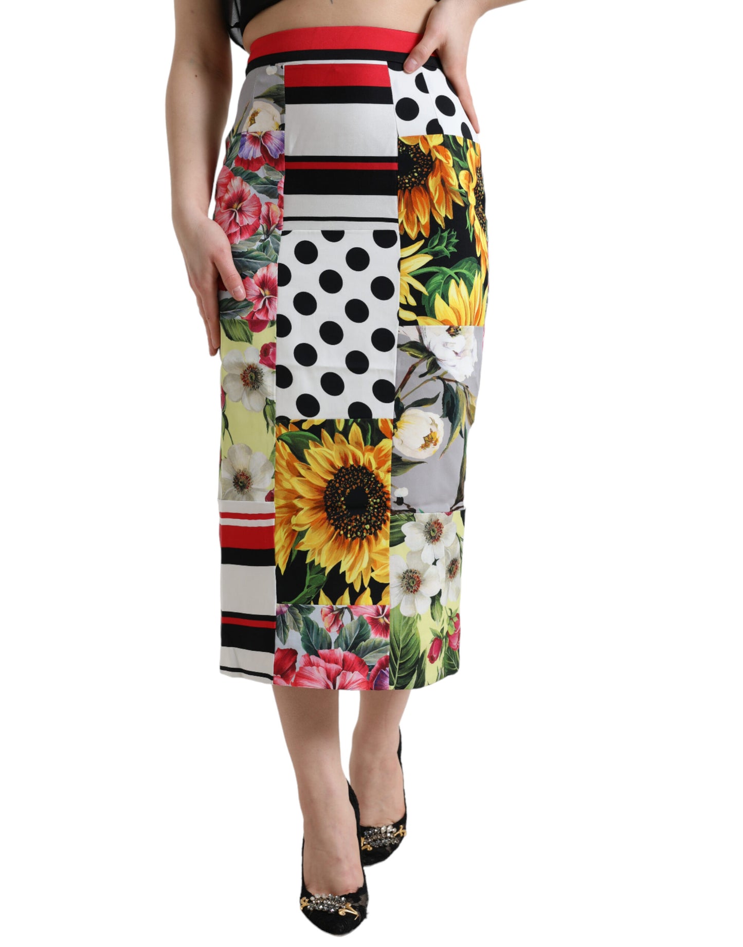 Falda midi de patchwork con cintura alta y glamurosa de Dolce &amp; Gabbana