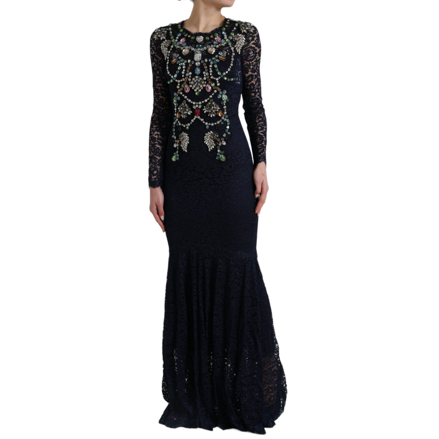 Dolce & Gabbana Crystal Embellished Navy Blue Flare Dress