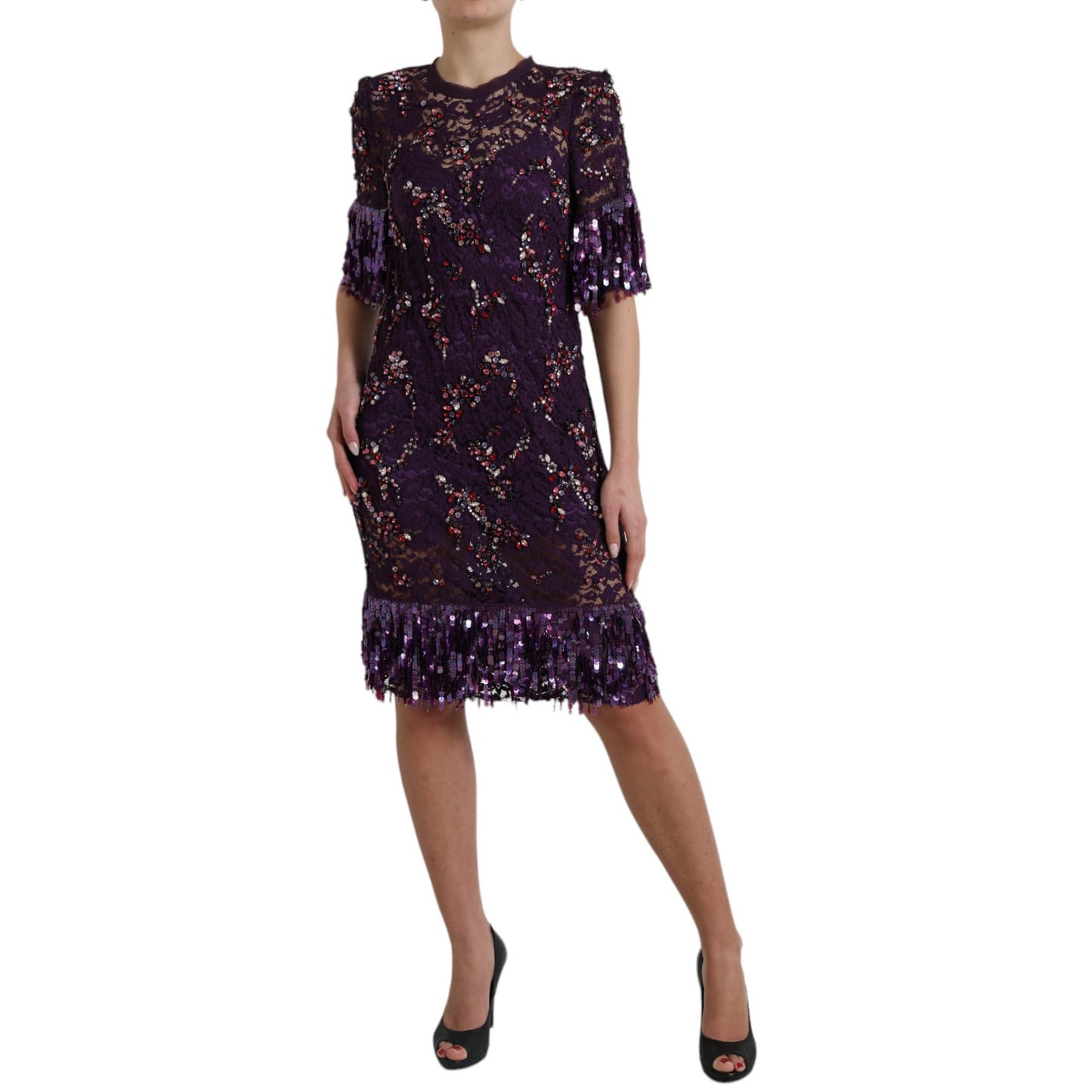 Elegante vestido de encaje floral morado con cristales de Dolce &amp; Gabbana