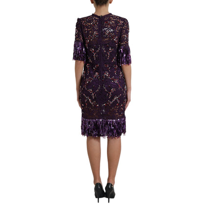 Elegante vestido de encaje floral morado con cristales de Dolce &amp; Gabbana