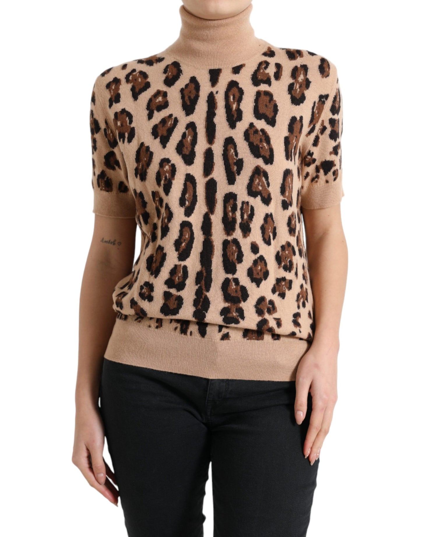 Dolce & Gabbana Elegant Beige Leopard Turtleneck Wool Top