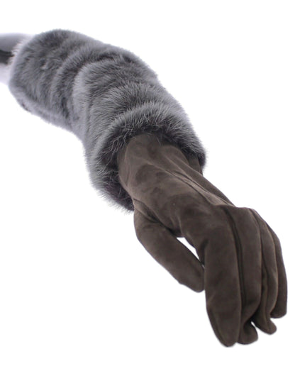 Dolce &amp; Gabbana Elegant Grey Mink Fur Läder Armbågshandskar