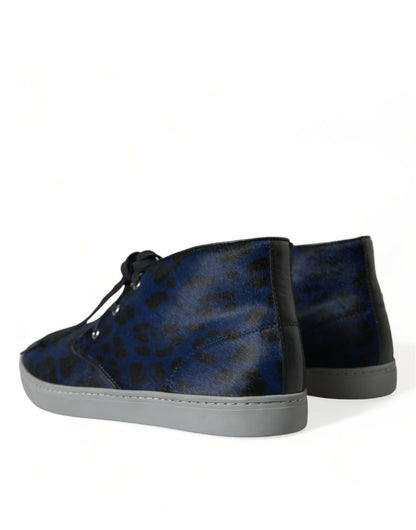 Dolce &amp; Gabbana Chic Blue Leopard Print Mid-Top Sneakers