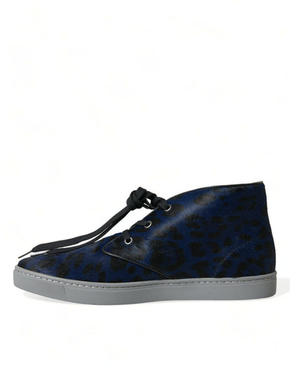 Dolce &amp; Gabbana Chic Blue Leopard Print Mid-Top Sneakers