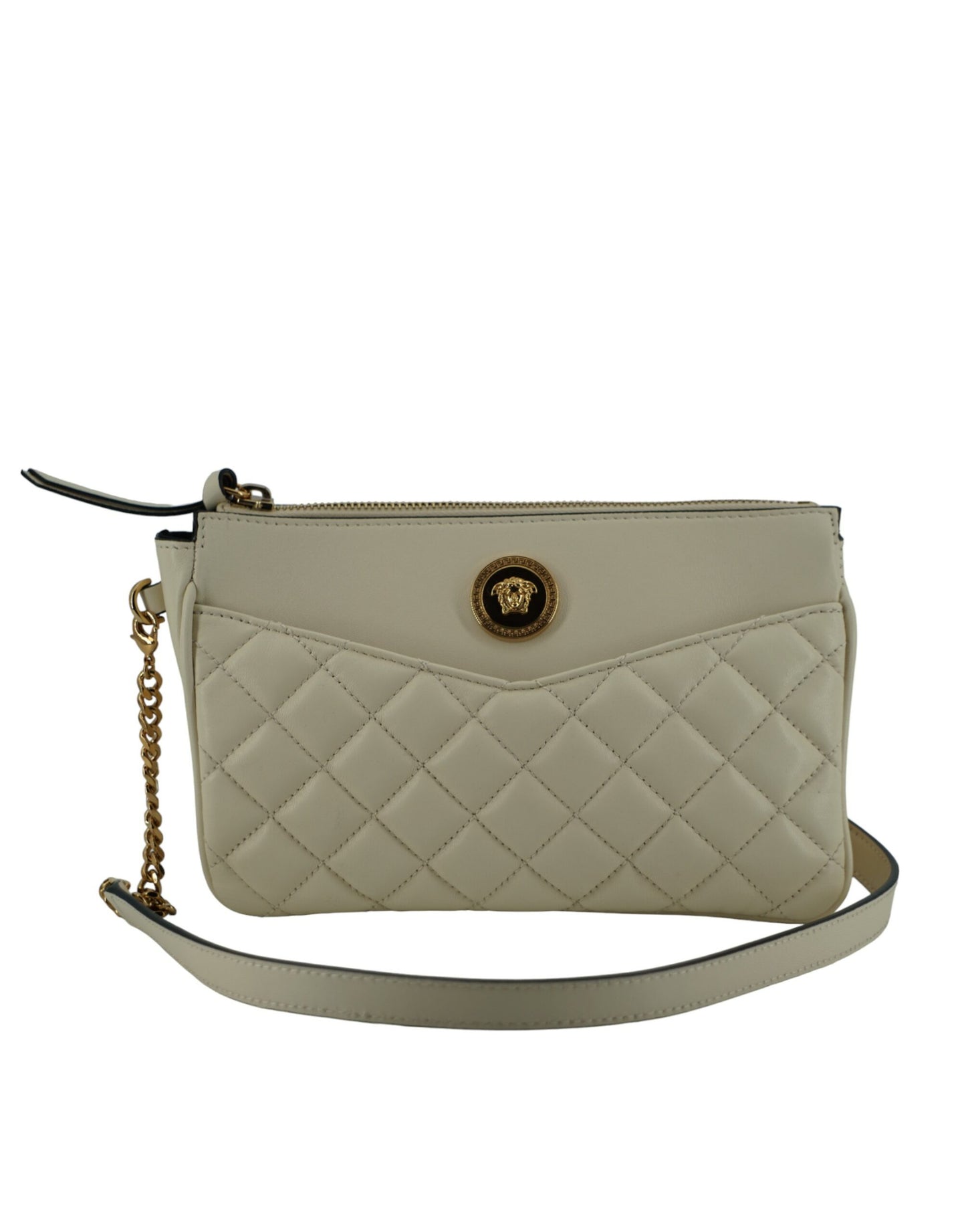 Elegante bolso bandolera de piel de cordero blanca de Versace