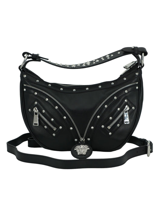 Bolso de hombro elegante tipo hobo de cuero negro de Versace