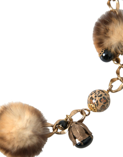 Dolce & Gabbana Gold Brass Leopard Fur Pearl Collier Chain Belt