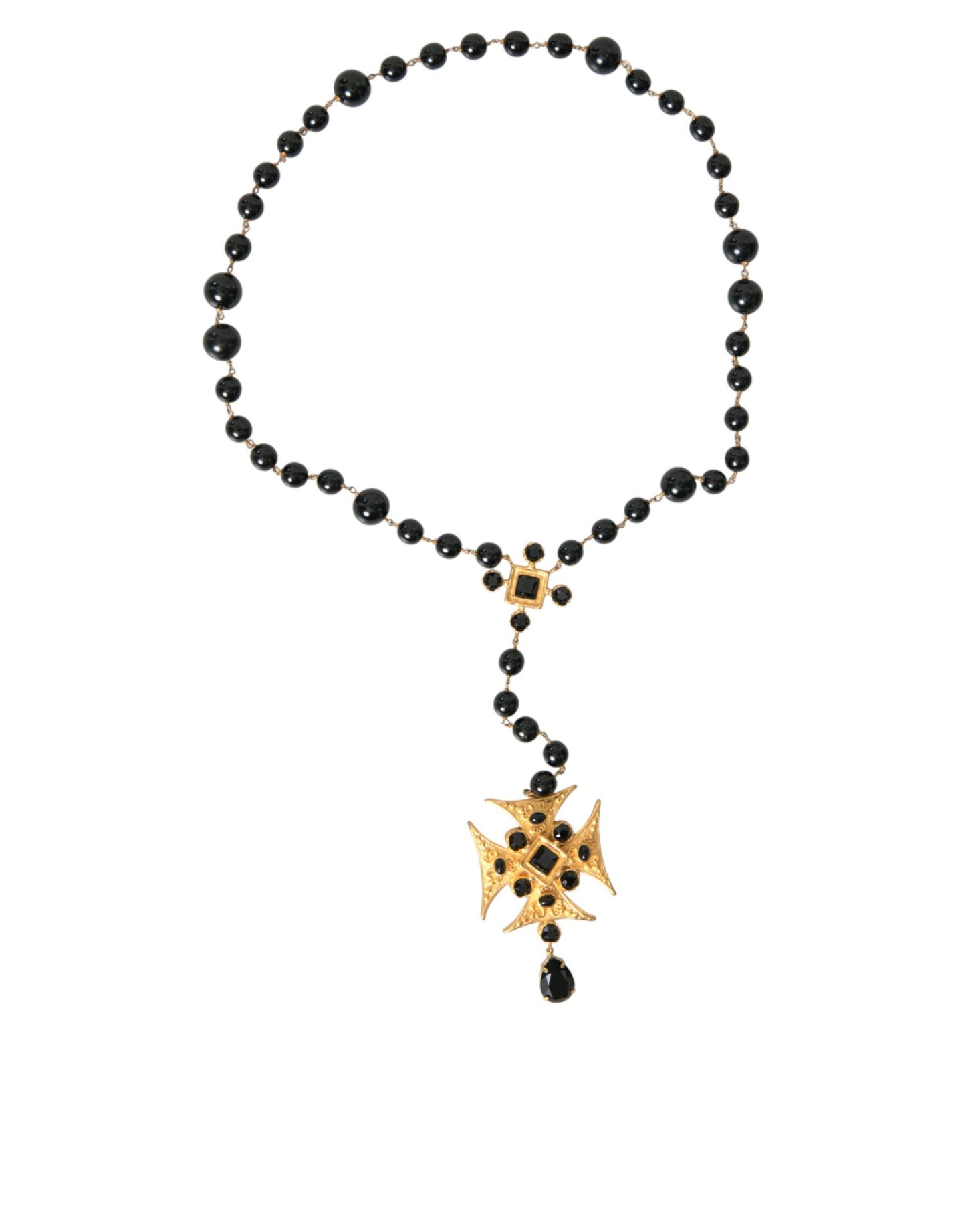 Dolce &amp; Gabbana guldfärgad mässing Cross Black Beaded Chain Rosenkrans halsband