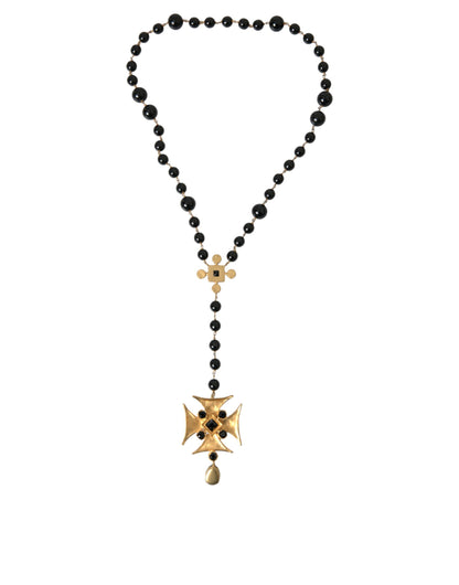 Dolce &amp; Gabbana guldfärgad mässing Cross Black Beaded Chain Rosenkrans halsband