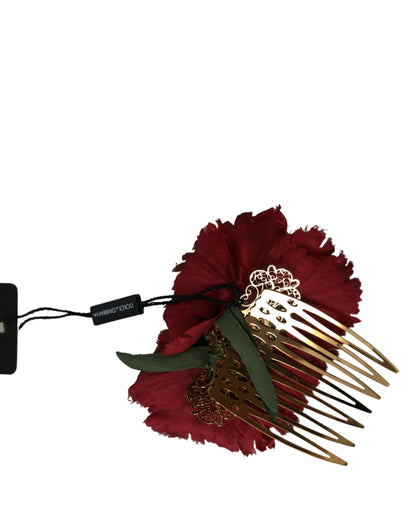 Dolce & Gabbana Red Silk Floral Gold Brass Women Hair Comb