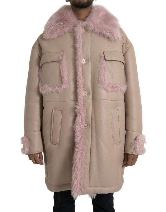 Dolce &amp; Gabbana Beige Rosa Lammläder Shearling Coat Jacka