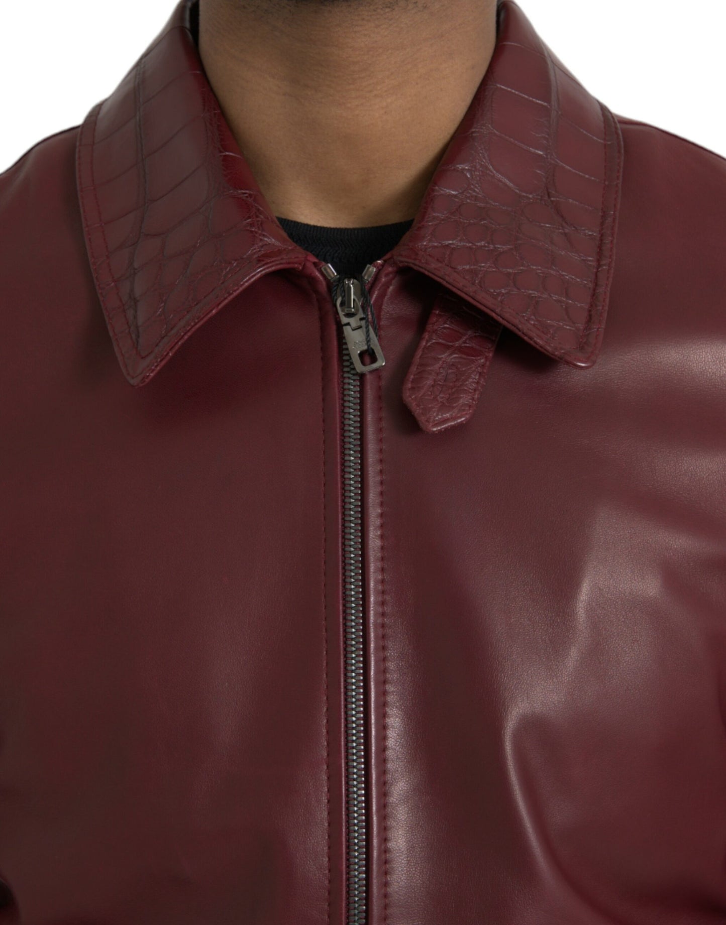 Dolce & Gabbana Maroon Exotic Leather Zip Biker Coat Jacket