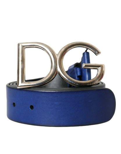 Cinturón con hebilla de metal plateado y logotipo de cuero azul de Dolce &amp; Gabbana para hombre