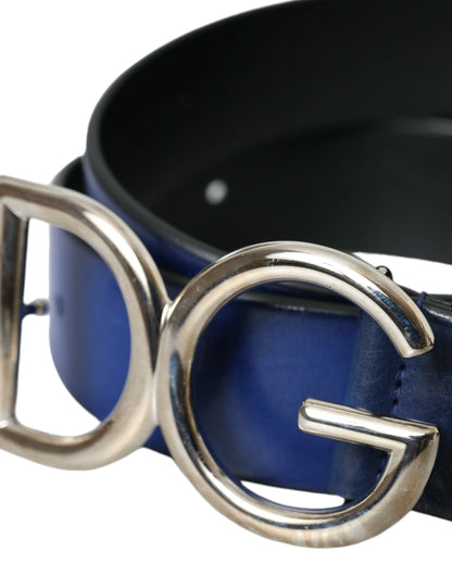 Cinturón con hebilla de metal plateado y logotipo de cuero azul de Dolce &amp; Gabbana para hombre