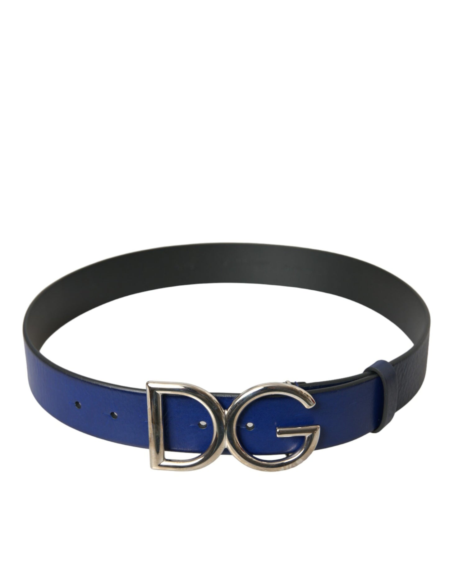 Cinturón con hebilla de metal plateado y logotipo de cuero azul de Dolce &amp; Gabbana para hombre