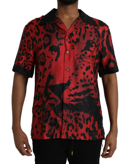 Dolce &amp; Gabbana Röd Leopard Silk Button Down Casual Skjorta