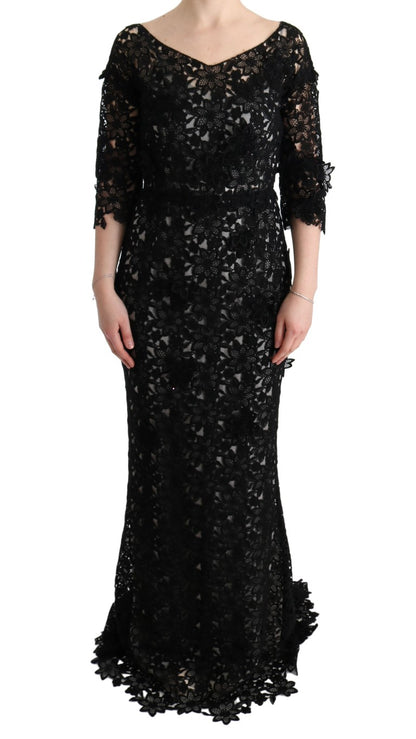 Dolce &amp; Gabbana Elegant svart Maxi Shift-klänning med blommig applikation