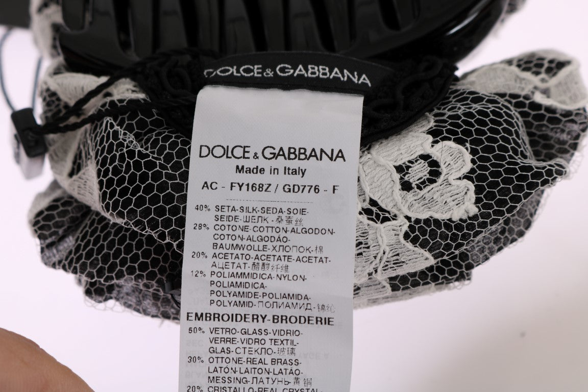 Dolce &amp; Gabbana Elegant svart &amp; vit blommig spets kristall hårklo