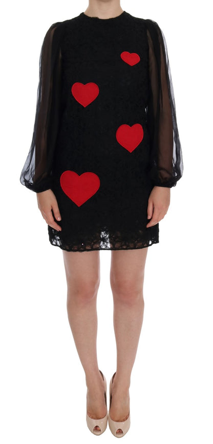 Dolce &amp; Gabbana Elegant Black Lace Heart Applique Shift Dress