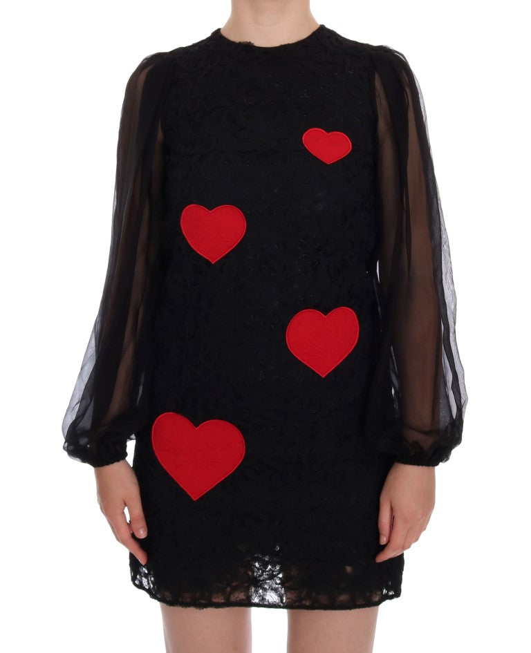 Dolce &amp; Gabbana Elegant Black Lace Heart Applique Shift Dress