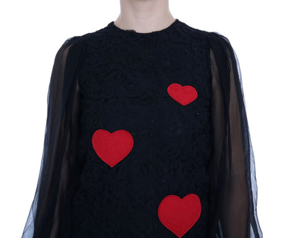 Dolce &amp; Gabbana Elegant Black Lace Heart Applique Shift Dress