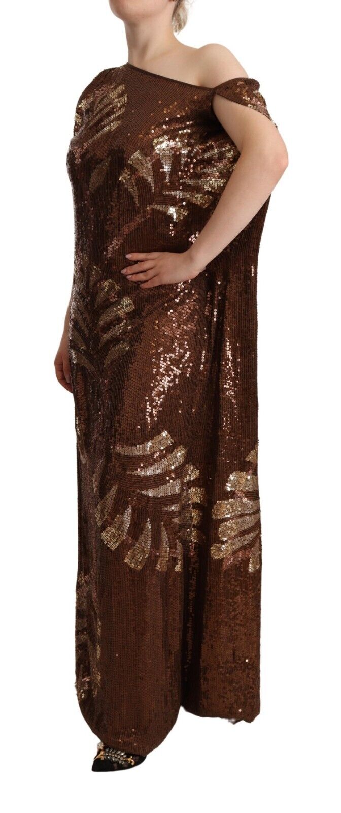 Dsquared² Brown Leaf Sequined Shift One Shoulder Long Dress