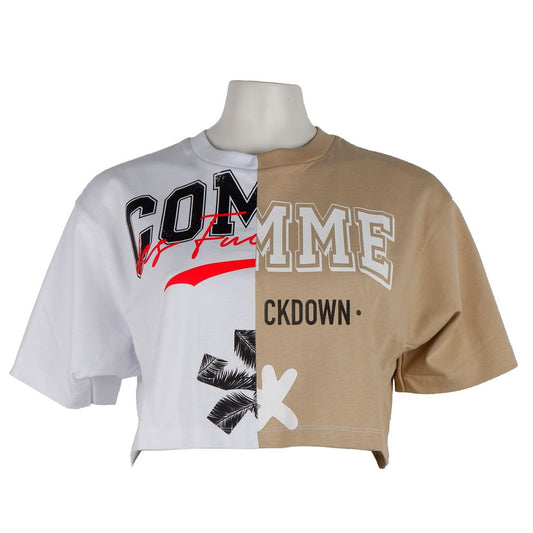 Comme Des Fuckdown Beige Couture Logotyp T-shirt med tvåfärgat tryck