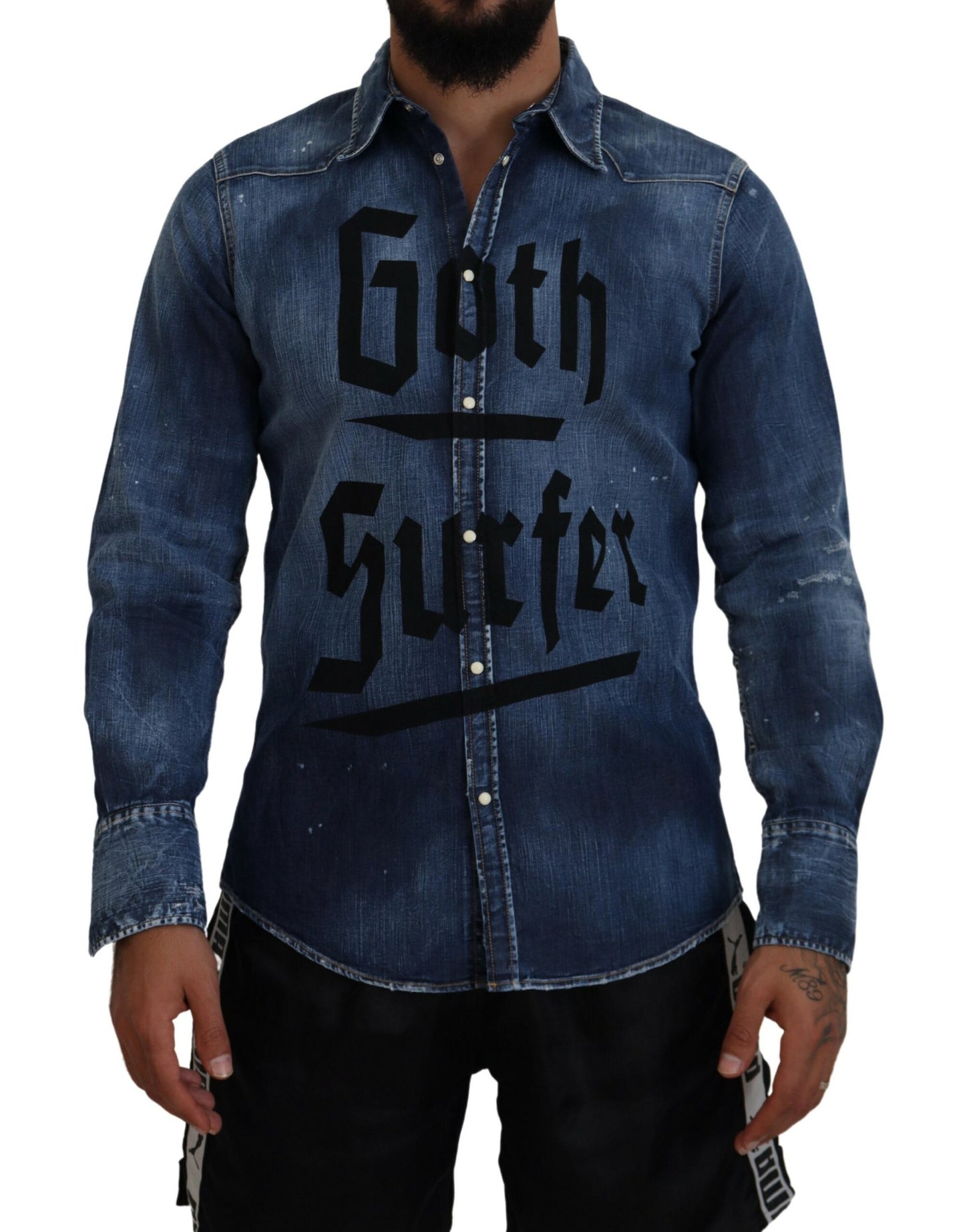 Dsquared² Blue Washed Goth Surfer Print Men jeansskjorta