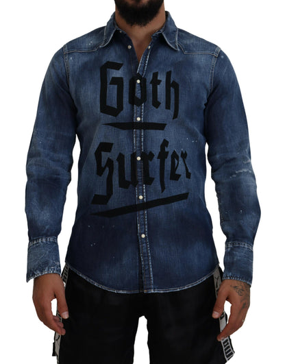 Dsquared² Blue Washed Goth Surfer Print Men jeansskjorta