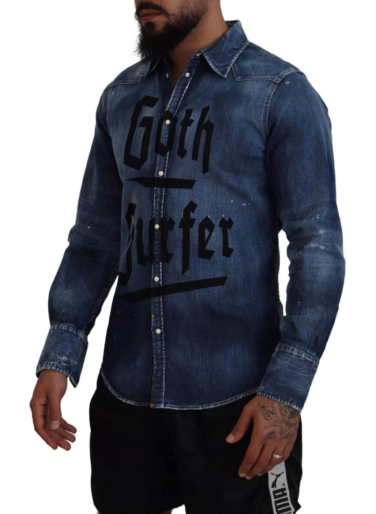 Dsquared² Blue Washed Goth Surfer Print Men jeansskjorta