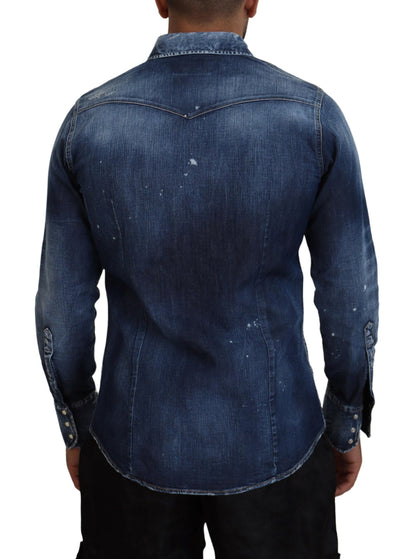 Dsquared² Blue Washed Goth Surfer Print Men jeansskjorta