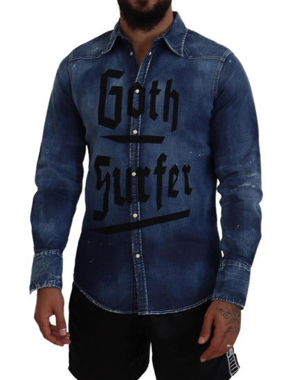 Dsquared² Blue Washed Goth Surfer Print Men jeansskjorta