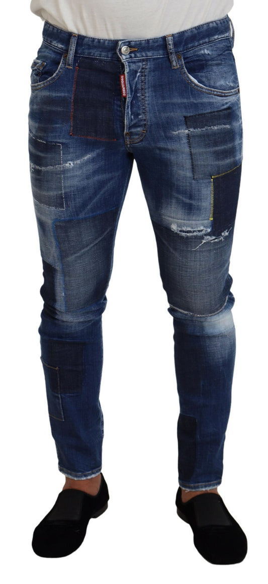 Dsquared² Blue Washed Patchwork Skinny Men Jeans