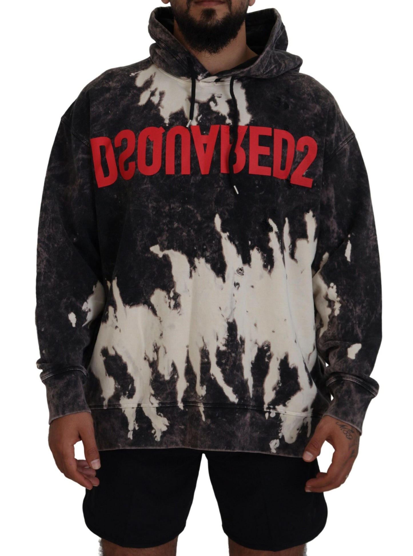 Dsquared² Grå Wash Hooded Printed Pullover Sweater för män