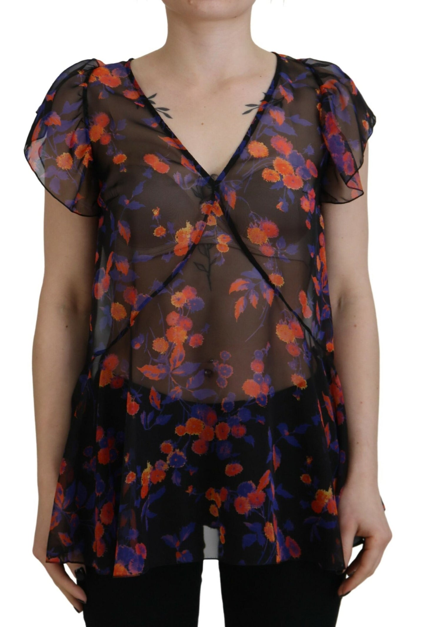 Blusa de cuello en V y mangas cortas con estampado floral en color negro de Dsquared²