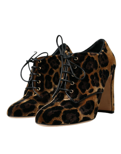 Dolce & Gabbana Brown Leopard Hair Lace Up Booties Shoes