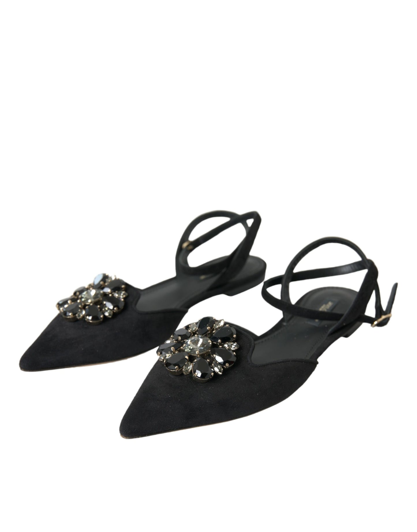 Dolce &amp; Gabbana Black Leather Crystal Slingback Sandals Skor