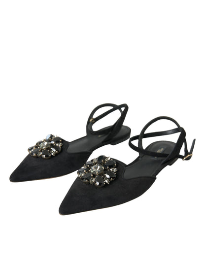 Dolce &amp; Gabbana Black Leather Crystal Slingback Sandals Skor