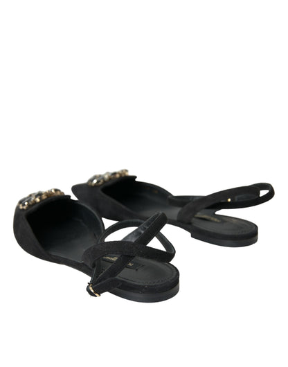 Dolce &amp; Gabbana Black Leather Crystal Slingback Sandals Skor