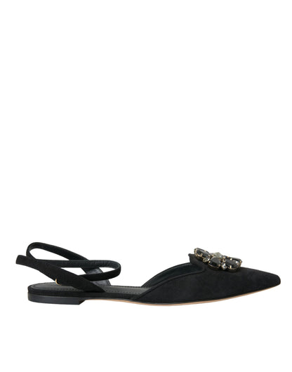 Dolce &amp; Gabbana Black Leather Crystal Slingback Sandals Skor