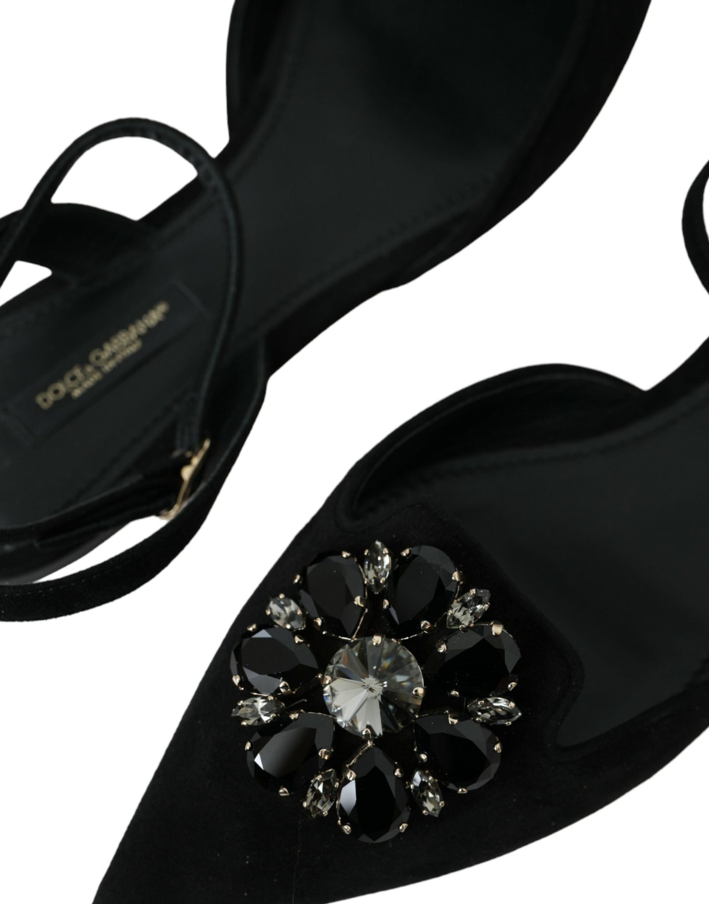 Dolce &amp; Gabbana Black Leather Crystal Slingback Sandals Skor