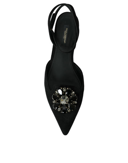 Dolce &amp; Gabbana Black Leather Crystal Slingback Sandals Skor